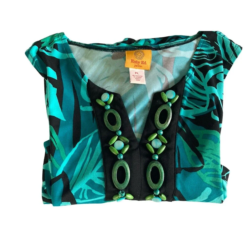 Ruby Rd. Dress Shift PL Floral Blue Green Embellished V-Neck Excellent Condition